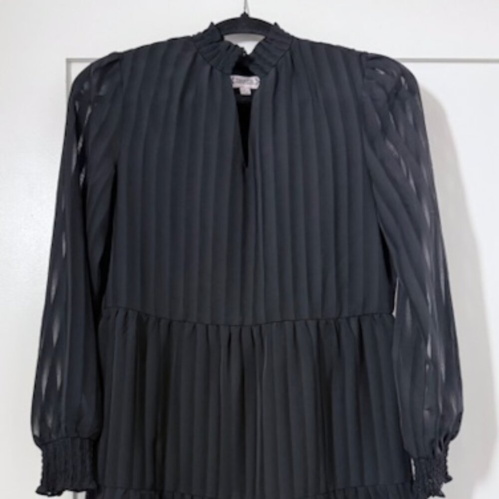 Nanette Lepore Black Ruffle Neck Long Sleeve Smocked Detail Tiered Dress - NWT